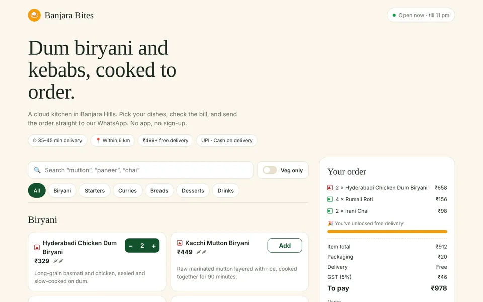 Banjara Bites concept build: An ordering site for a biryani cloud kitchen.