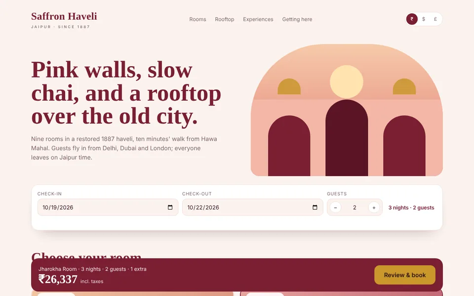 Saffron Haveli concept build: A booking site for a heritage hotel in Jaipur.
