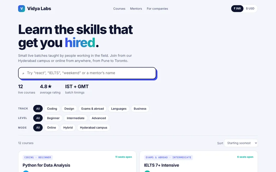 Vidya Labs concept build: A live-course academy for learners in India and abroad.